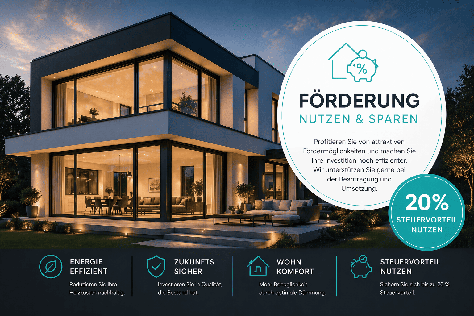 Modernes Wohnhaus mit großen Fensterflächen und energieeffizienten Türen – Förderung für Fenster, Sonnenschutz und Aluminium-Haustüren in Esslingen optimal nutzen und Steuervorteile sichern.